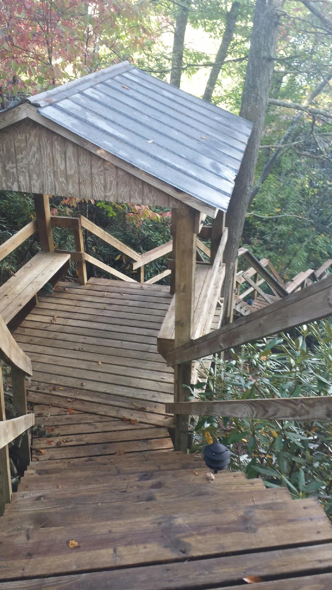 Metal roofed shelter over wooden steps on a wooded walkway — Skylight Repair & Installation work by our crew in Nuevo